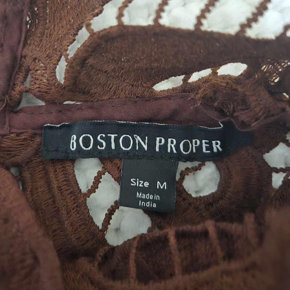 Boston Proper Chocolate Brown Crochet Lace High-Low Top Mock Neck Size Medium - Picture 13 of 13